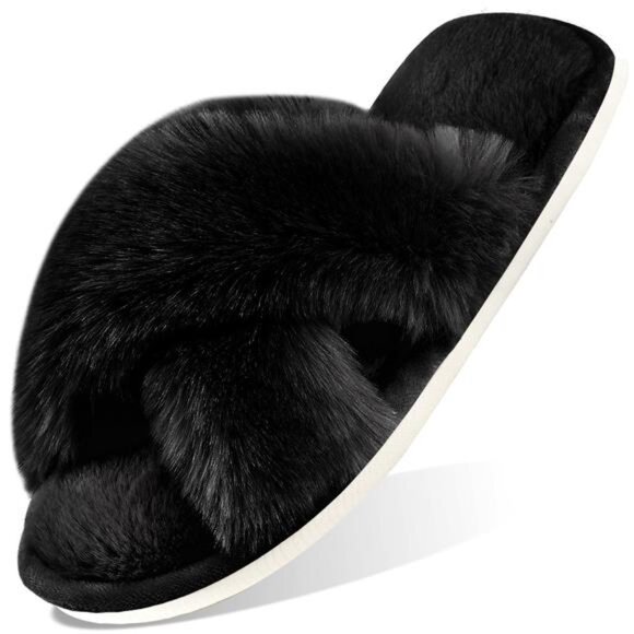 Women's Fuzzy Slippers Cross Band Memory Foam - Picture 1 of 7